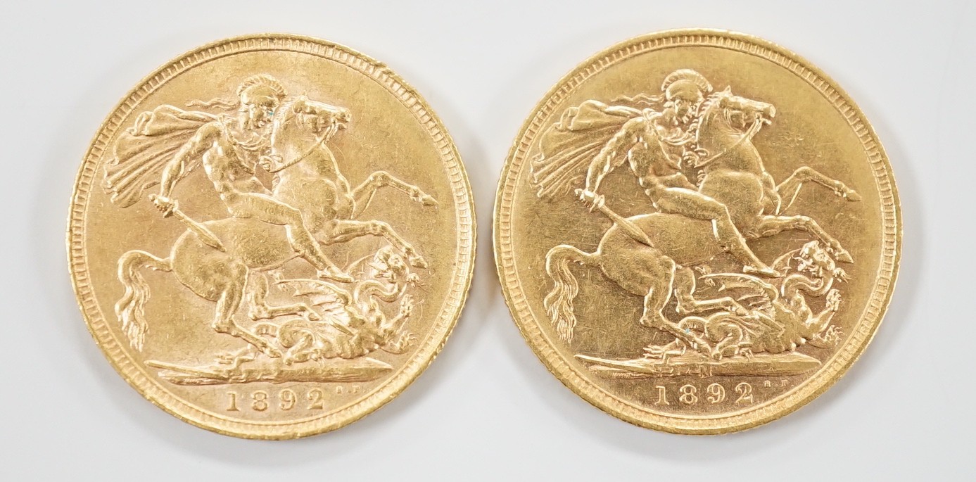 Two Victorian 1892 gold sovereigns.